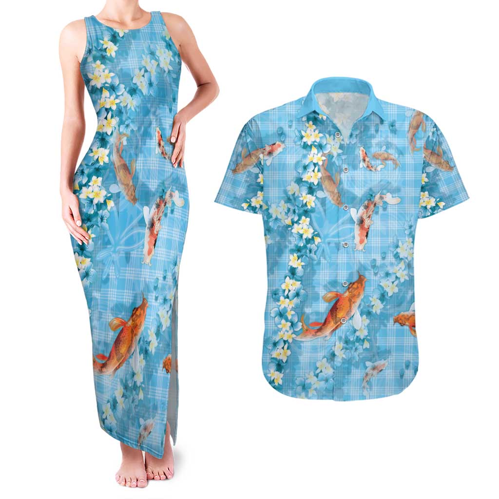 Blue Palaka Hawaiian And Japanese Couples Matching Tank Maxi Dress and Hawaiian Shirt Sakura Lei With Koi Fish DT05 Blue - Polynesian Pride