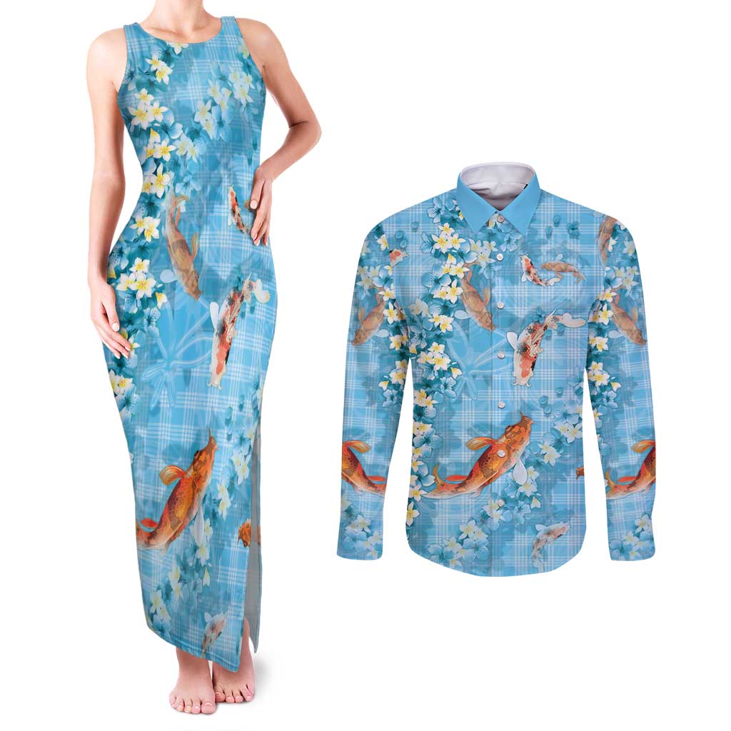 Blue Palaka Hawaiian And Japanese Couples Matching Tank Maxi Dress and Long Sleeve Button Shirt Sakura Lei With Koi Fish DT05 Blue - Polynesian Pride