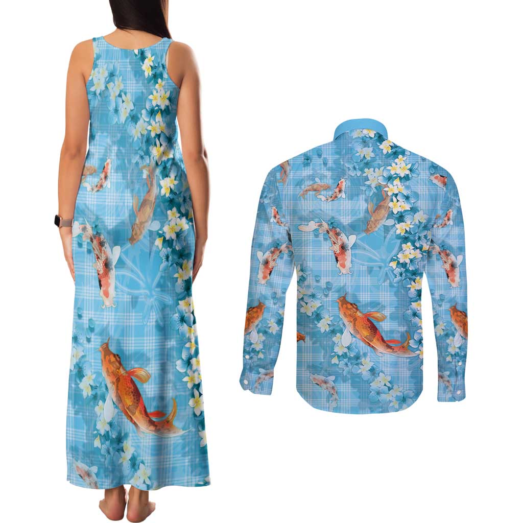Blue Palaka Hawaiian And Japanese Couples Matching Tank Maxi Dress and Long Sleeve Button Shirt Sakura Lei With Koi Fish DT05 - Polynesian Pride