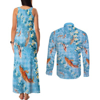 Blue Palaka Hawaiian And Japanese Couples Matching Tank Maxi Dress and Long Sleeve Button Shirt Sakura Lei With Koi Fish DT05 - Polynesian Pride