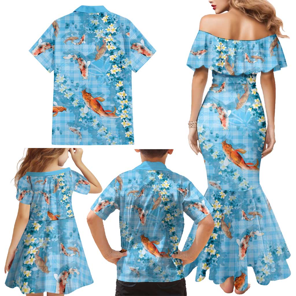 Blue Palaka Hawaiian And Japanese Family Matching Mermaid Dress and Hawaiian Shirt Sakura Lei With Koi Fish DT05 - Polynesian Pride