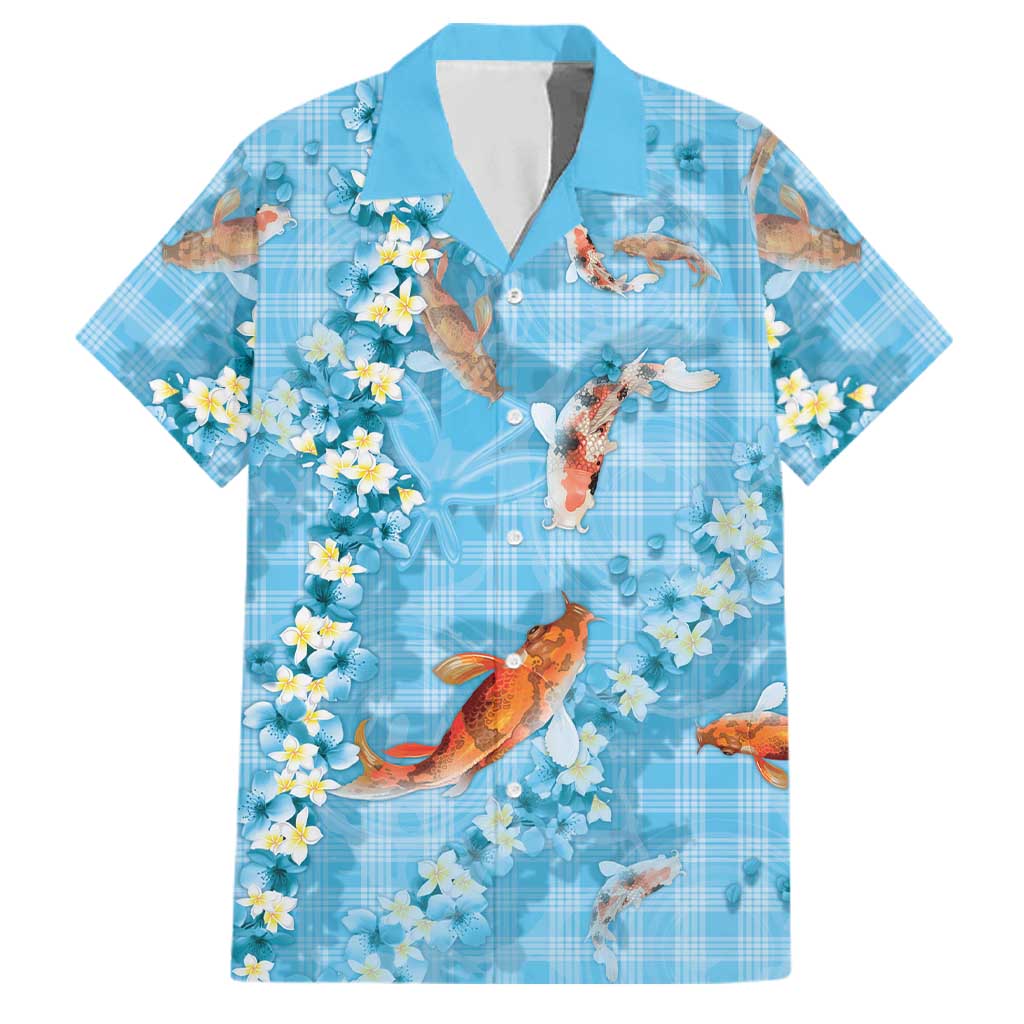 Blue Palaka Hawaiian And Japanese Family Matching Mermaid Dress and Hawaiian Shirt Sakura Lei With Koi Fish DT05 Dad's Shirt - Short Sleeve Blue - Polynesian Pride
