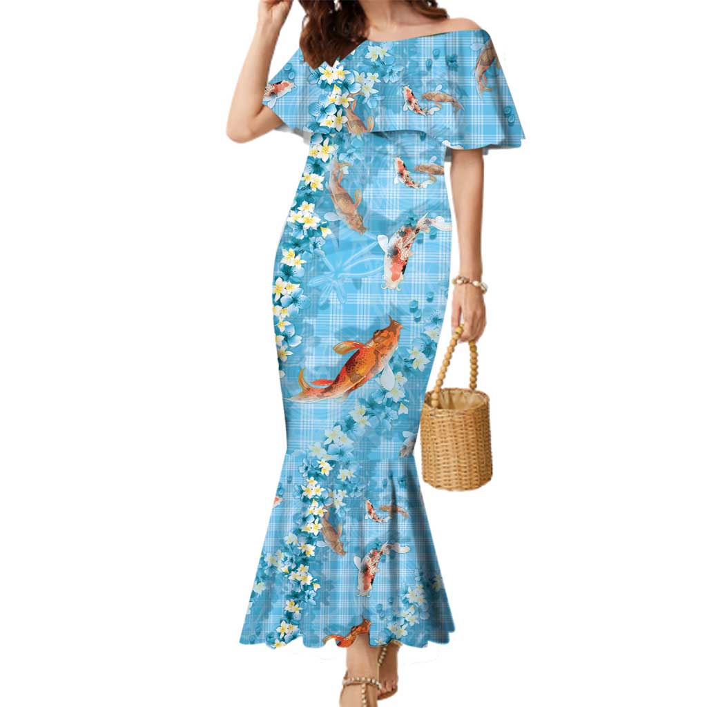 Blue Palaka Hawaiian And Japanese Family Matching Mermaid Dress and Hawaiian Shirt Sakura Lei With Koi Fish DT05 Mom's Dress Blue - Polynesian Pride
