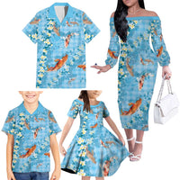 Blue Palaka Hawaiian And Japanese Family Matching Off The Shoulder Long Sleeve Dress and Hawaiian Shirt Sakura Lei With Koi Fish DT05 - Polynesian Pride
