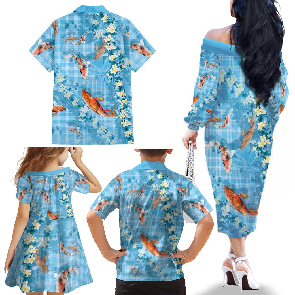 Blue Palaka Hawaiian And Japanese Family Matching Off The Shoulder Long Sleeve Dress and Hawaiian Shirt Sakura Lei With Koi Fish DT05 - Polynesian Pride