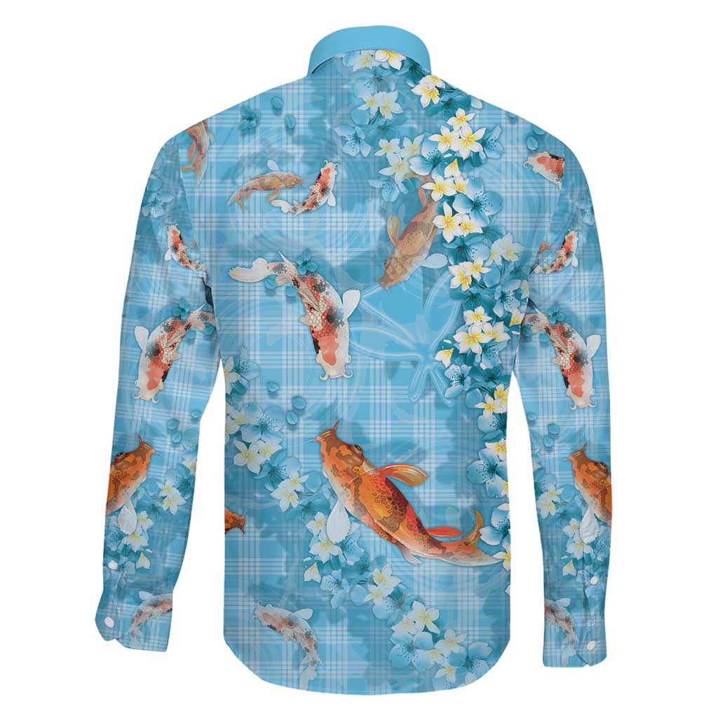 Blue Palaka Hawaiian And Japanese Family Matching Off The Shoulder Long Sleeve Dress and Hawaiian Shirt Sakura Lei With Koi Fish DT05 - Polynesian Pride