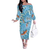 Blue Palaka Hawaiian And Japanese Family Matching Off The Shoulder Long Sleeve Dress and Hawaiian Shirt Sakura Lei With Koi Fish DT05 Mom's Dress Blue - Polynesian Pride