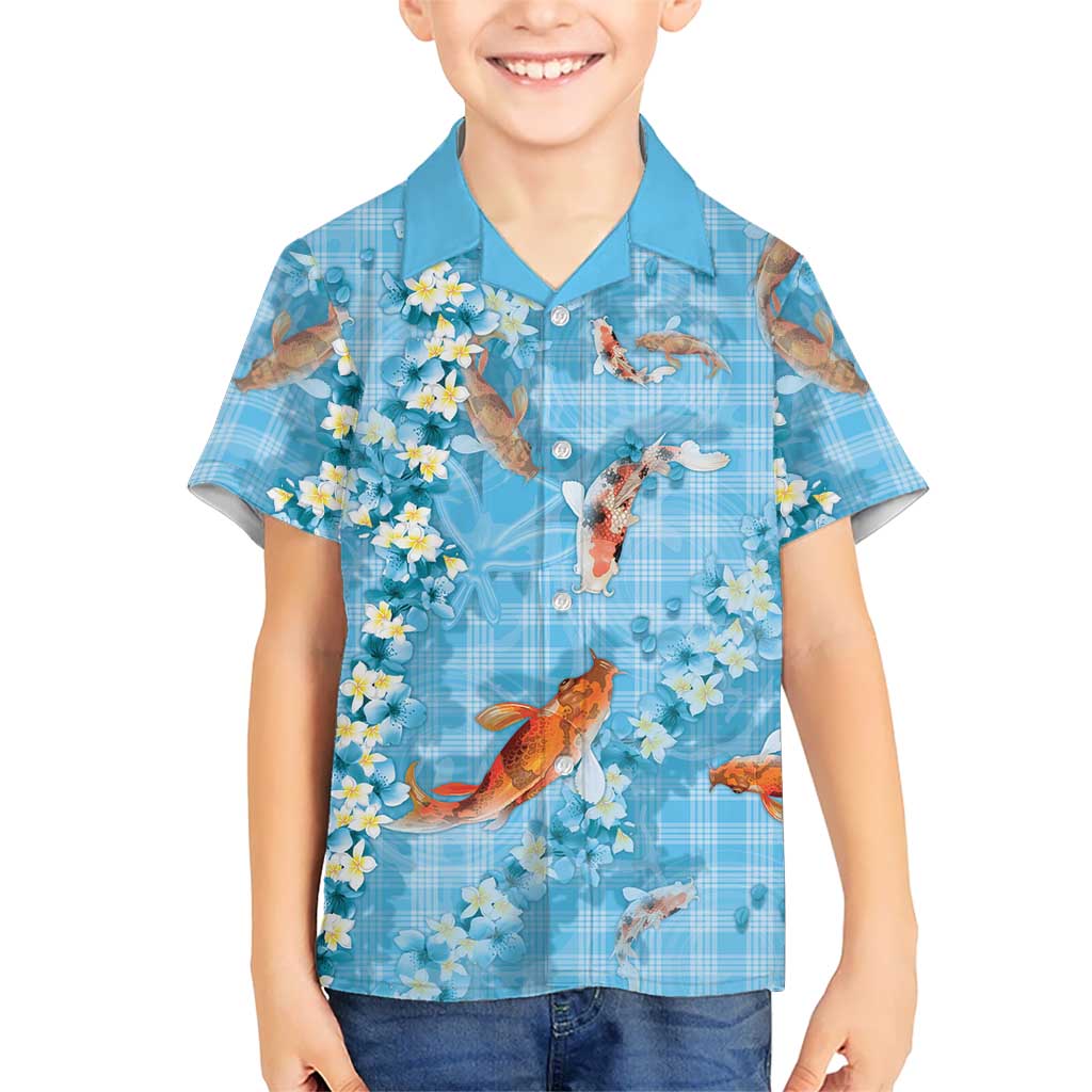 Blue Palaka Hawaiian And Japanese Family Matching Off The Shoulder Long Sleeve Dress and Hawaiian Shirt Sakura Lei With Koi Fish DT05 Son's Shirt Blue - Polynesian Pride