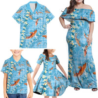 Blue Palaka Hawaiian And Japanese Family Matching Off Shoulder Maxi Dress and Hawaiian Shirt Sakura Lei With Koi Fish DT05 - Polynesian Pride