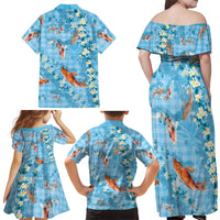 Blue Palaka Hawaiian And Japanese Family Matching Off Shoulder Maxi Dress and Hawaiian Shirt Sakura Lei With Koi Fish DT05 - Polynesian Pride