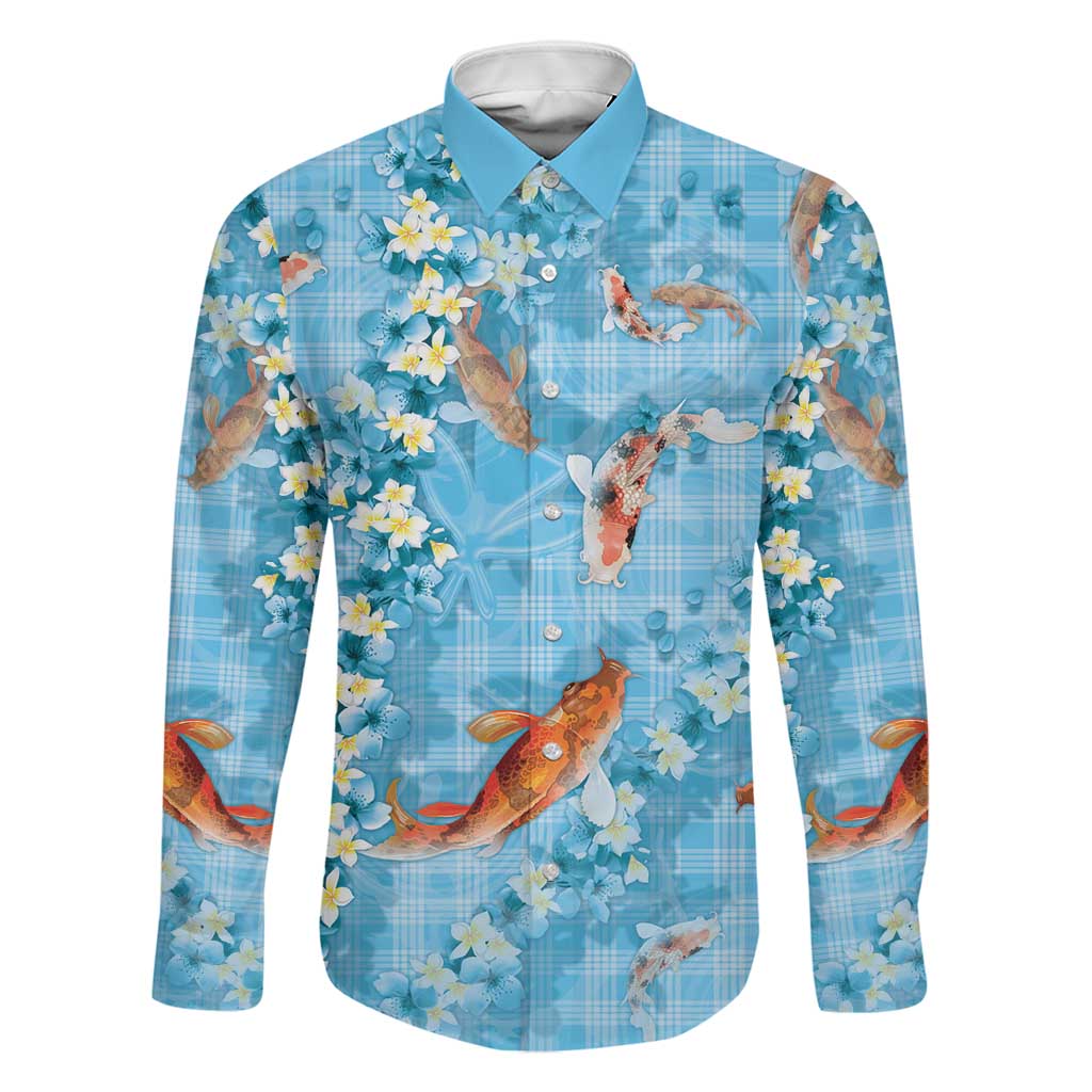 Blue Palaka Hawaiian And Japanese Family Matching Off Shoulder Maxi Dress and Hawaiian Shirt Sakura Lei With Koi Fish DT05 Dad's Shirt - Long Sleeve Blue - Polynesian Pride