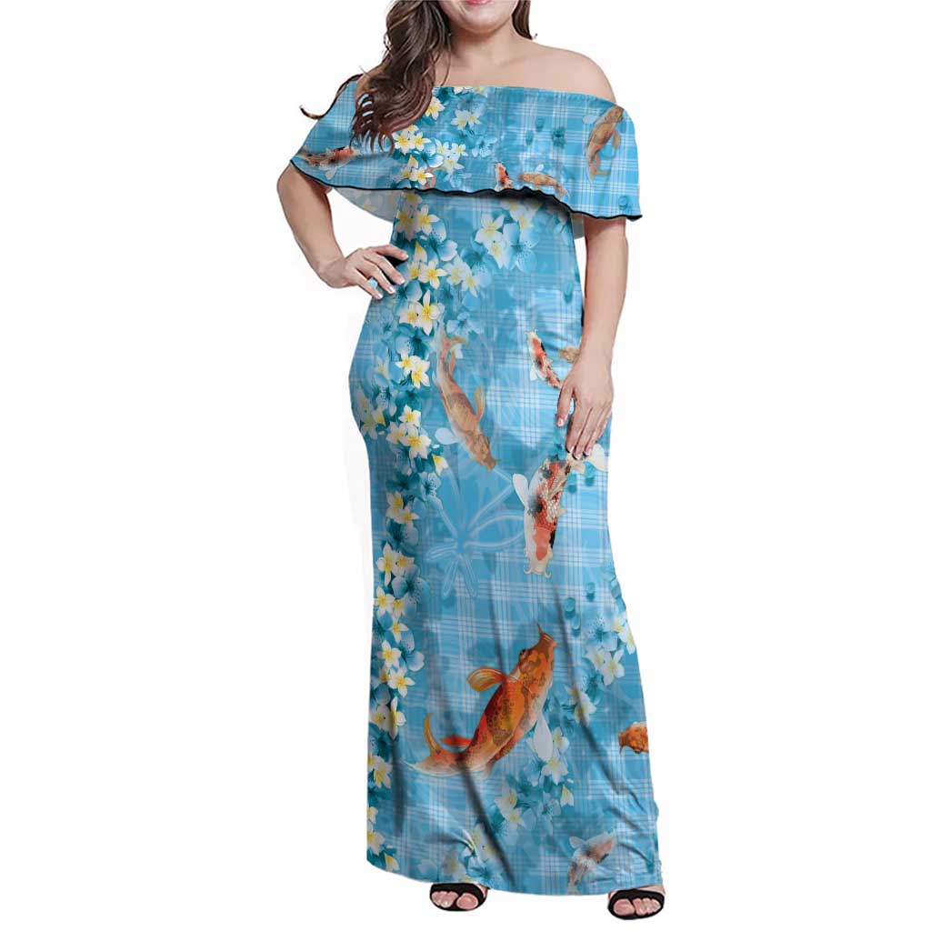 Blue Palaka Hawaiian And Japanese Family Matching Off Shoulder Maxi Dress and Hawaiian Shirt Sakura Lei With Koi Fish DT05 Mom's Dress Blue - Polynesian Pride