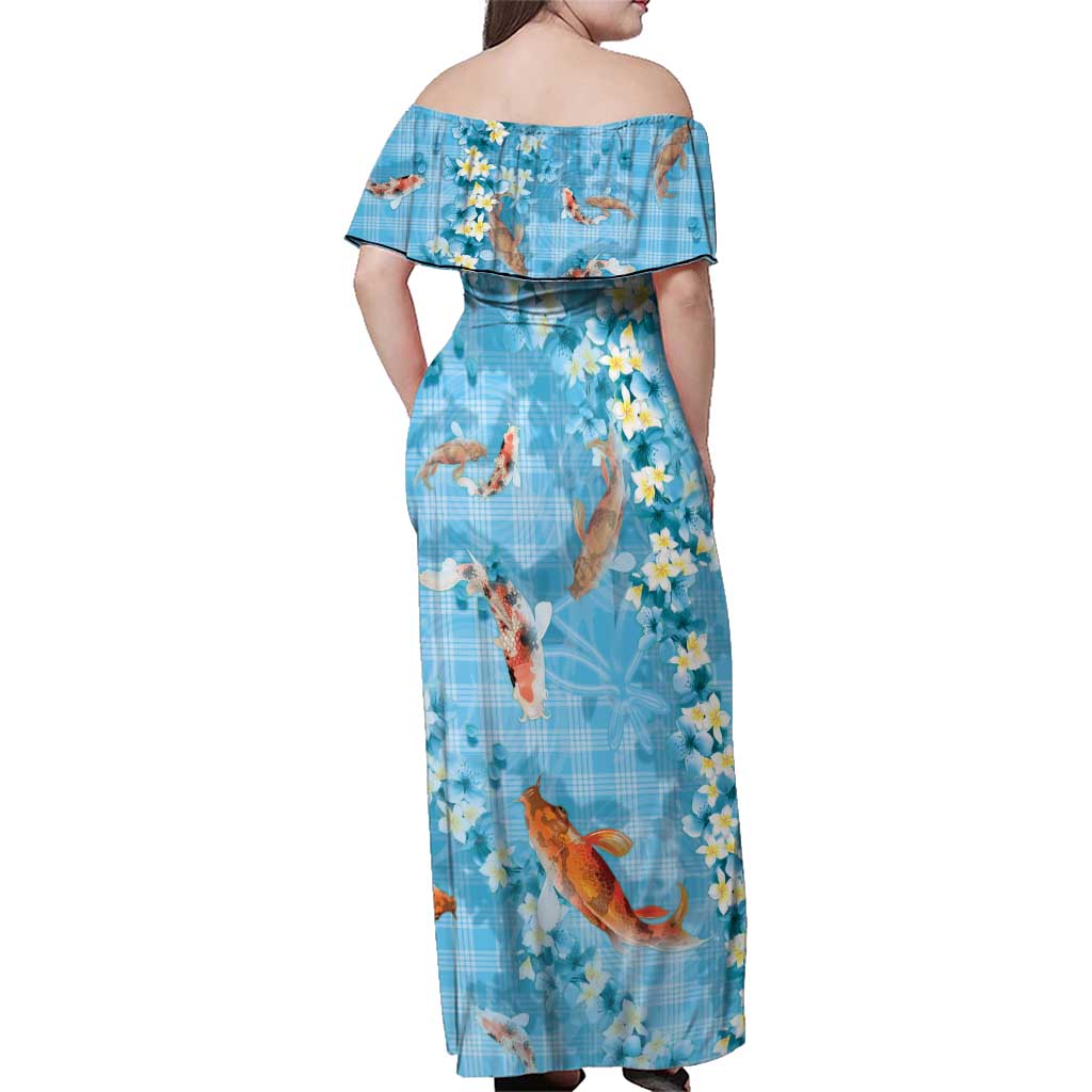 Blue Palaka Hawaiian And Japanese Family Matching Off Shoulder Maxi Dress and Hawaiian Shirt Sakura Lei With Koi Fish DT05 - Polynesian Pride