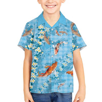 Blue Palaka Hawaiian And Japanese Family Matching Off Shoulder Maxi Dress and Hawaiian Shirt Sakura Lei With Koi Fish DT05 Son's Shirt Blue - Polynesian Pride