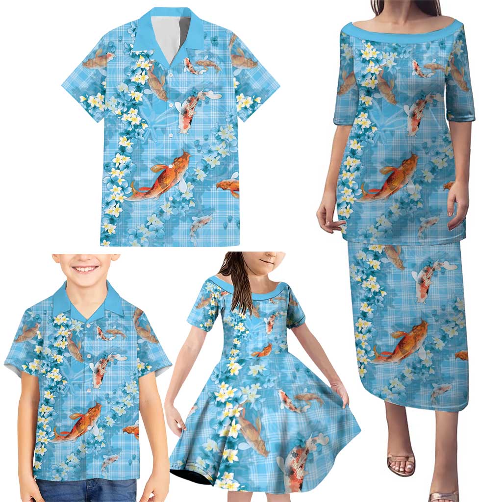 Blue Palaka Hawaiian And Japanese Family Matching Puletasi and Hawaiian Shirt Sakura Lei With Koi Fish - Polynesian Pride
