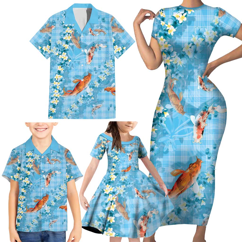 Blue Palaka Hawaiian And Japanese Family Matching Short Sleeve Bodycon Dress and Hawaiian Shirt Sakura Lei With Koi Fish DT05 - Polynesian Pride