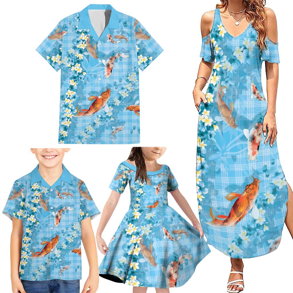 Blue Palaka Hawaiian And Japanese Family Matching Summer Maxi Dress and Hawaiian Shirt Sakura Lei With Koi Fish DT05 - Polynesian Pride