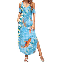 Blue Palaka Hawaiian And Japanese Family Matching Summer Maxi Dress and Hawaiian Shirt Sakura Lei With Koi Fish DT05 Mom's Dress Blue - Polynesian Pride