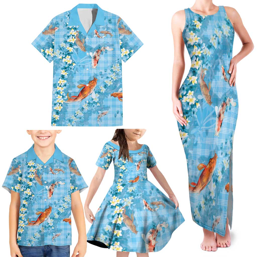 Blue Palaka Hawaiian And Japanese Family Matching Tank Maxi Dress and Hawaiian Shirt Sakura Lei With Koi Fish DT05 - Polynesian Pride