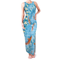 Blue Palaka Hawaiian And Japanese Family Matching Tank Maxi Dress and Hawaiian Shirt Sakura Lei With Koi Fish DT05 Mom's Dress Blue - Polynesian Pride