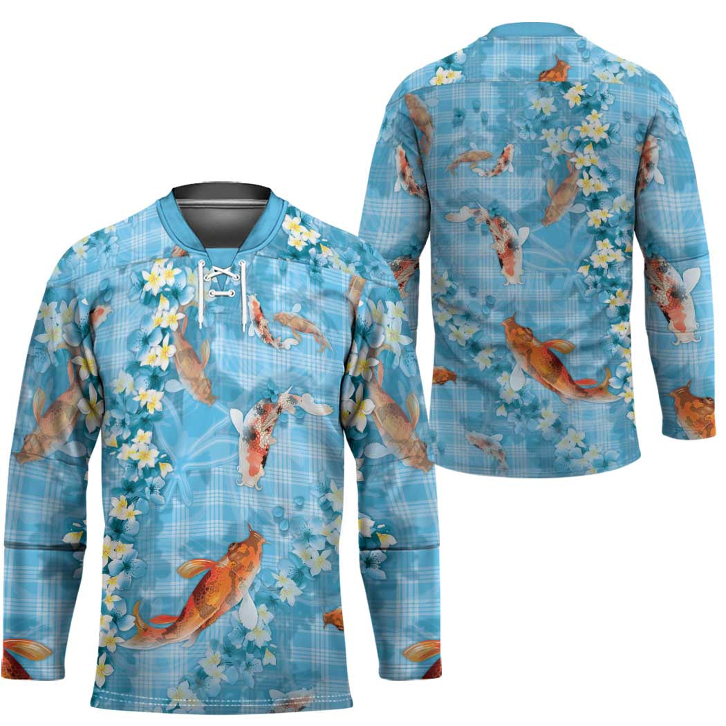 Blue Palaka Hawaiian And Japanese Hockey Jersey Sakura Lei With Koi Fish - Polynesian Pride