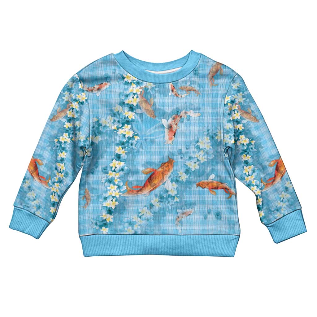 Blue Palaka Hawaiian And Japanese Kid Ugly Christmas Sweater Sakura Lei With Koi Fish - Polynesian Pride
