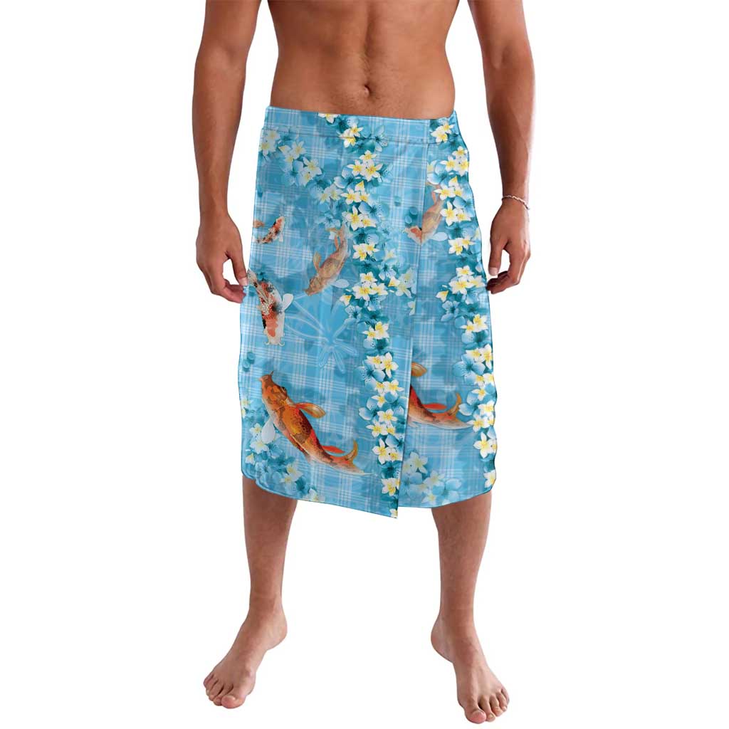 Blue Palaka Hawaiian And Japanese Lavalava Sakura Lei With Koi Fish - Polynesian Pride