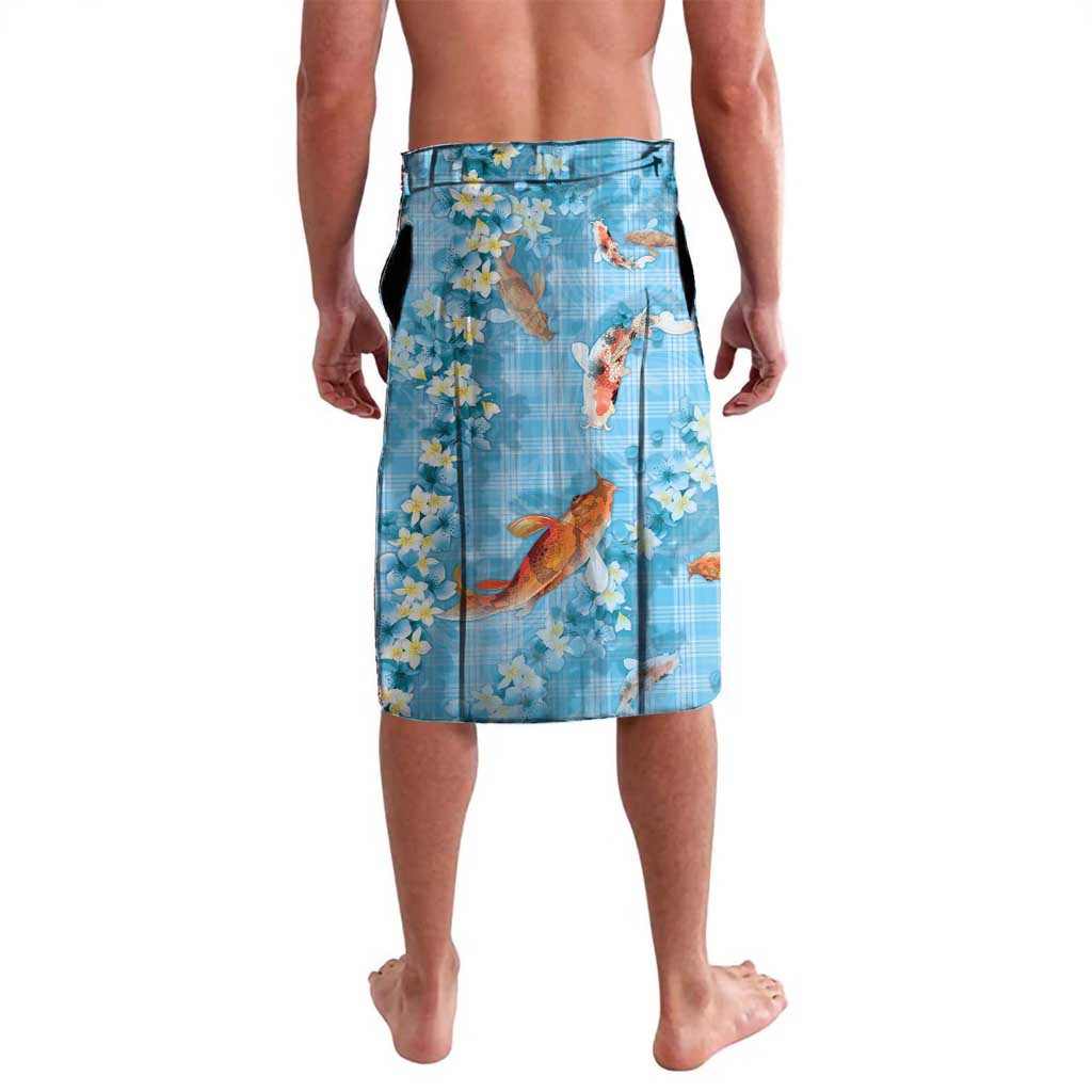 Blue Palaka Hawaiian And Japanese Lavalava Sakura Lei With Koi Fish - Polynesian Pride