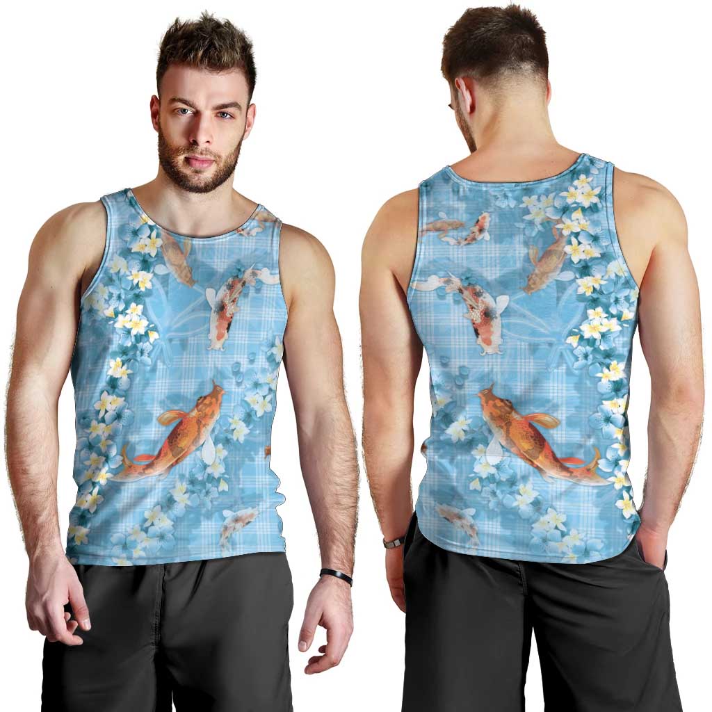 Blue Palaka Hawaiian And Japanese Men Tank Top Sakura Lei With Koi Fish - Polynesian Pride