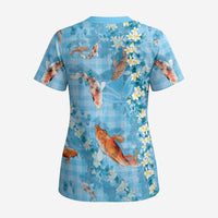Blue Palaka Hawaiian And Japanese Scrub Top Sakura Lei With Koi Fish - Polynesian Pride
