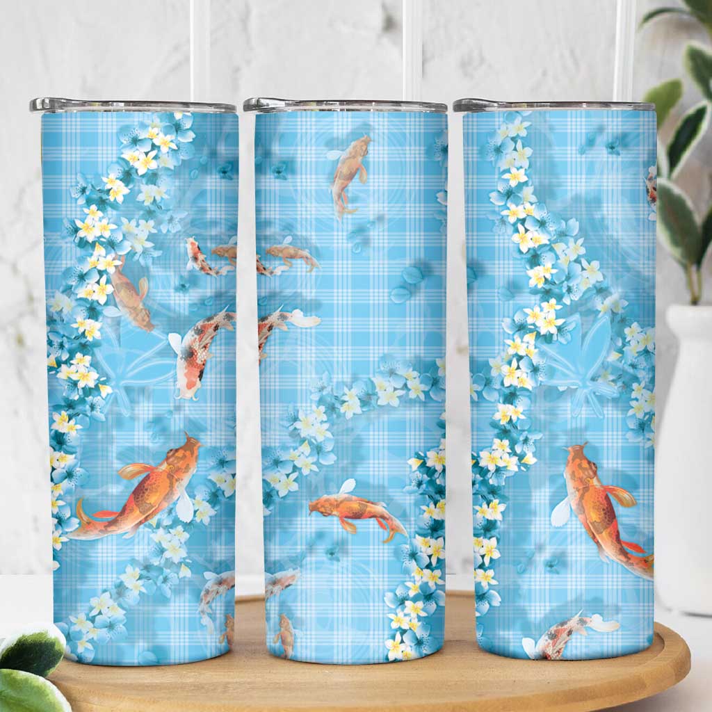 Blue Palaka Hawaiian And Japanese Skinny Tumbler Sakura Lei With Koi Fish DT05 - Polynesian Pride