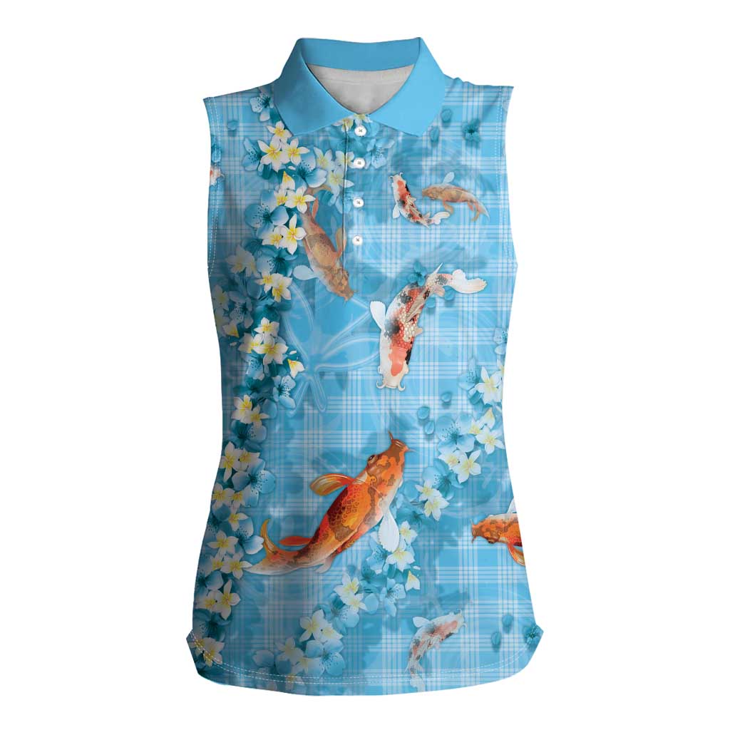 Blue Palaka Hawaiian And Japanese Women Sleeveless Polo Shirt Sakura Lei With Koi Fish DT05 Female Blue - Polynesian Pride