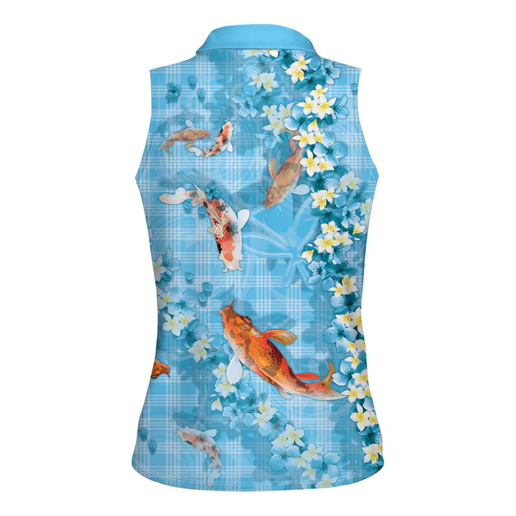 Blue Palaka Hawaiian And Japanese Women Sleeveless Polo Shirt Sakura Lei With Koi Fish DT05 - Polynesian Pride