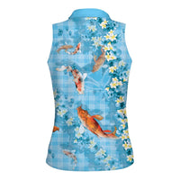 Blue Palaka Hawaiian And Japanese Women Sleeveless Polo Shirt Sakura Lei With Koi Fish DT05 - Polynesian Pride