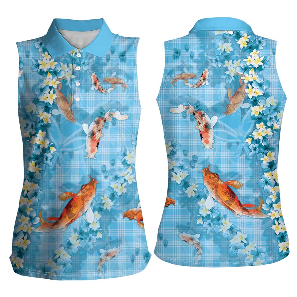 Blue Palaka Hawaiian And Japanese Women Sleeveless Polo Shirt Sakura Lei With Koi Fish DT05 - Polynesian Pride