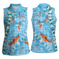 Blue Palaka Hawaiian And Japanese Women Sleeveless Polo Shirt Sakura Lei With Koi Fish DT05 - Polynesian Pride