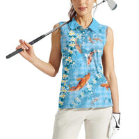 Blue Palaka Hawaiian And Japanese Women Sleeveless Polo Shirt Sakura Lei With Koi Fish DT05 - Polynesian Pride