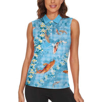Blue Palaka Hawaiian And Japanese Women Sleeveless Polo Shirt Sakura Lei With Koi Fish DT05 - Polynesian Pride