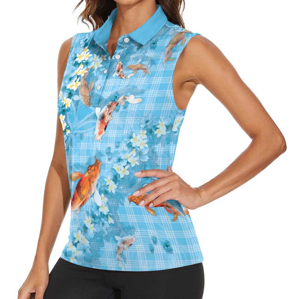 Blue Palaka Hawaiian And Japanese Women Sleeveless Polo Shirt Sakura Lei With Koi Fish DT05 - Polynesian Pride