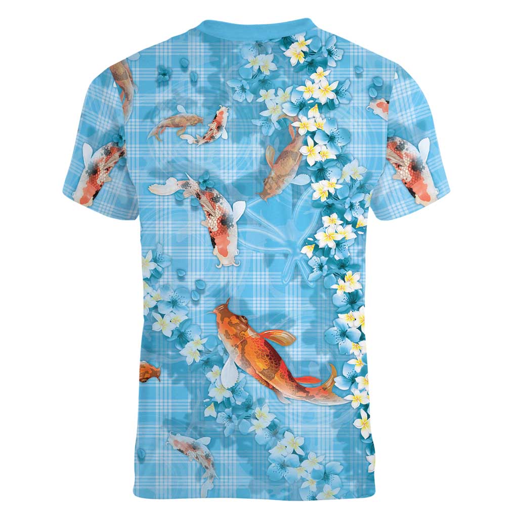 Blue Palaka Hawaiian And Japanese Women V-Neck T-Shirt Sakura Lei With Koi Fish DT05 - Polynesian Pride