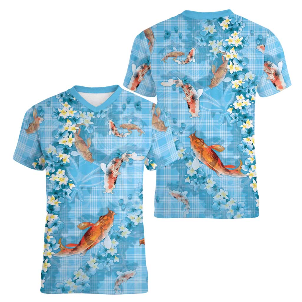 Blue Palaka Hawaiian And Japanese Women V-Neck T-Shirt Sakura Lei With Koi Fish DT05 - Polynesian Pride