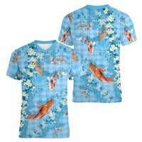Blue Palaka Hawaiian And Japanese Women V-Neck T-Shirt Sakura Lei With Koi Fish DT05 - Polynesian Pride