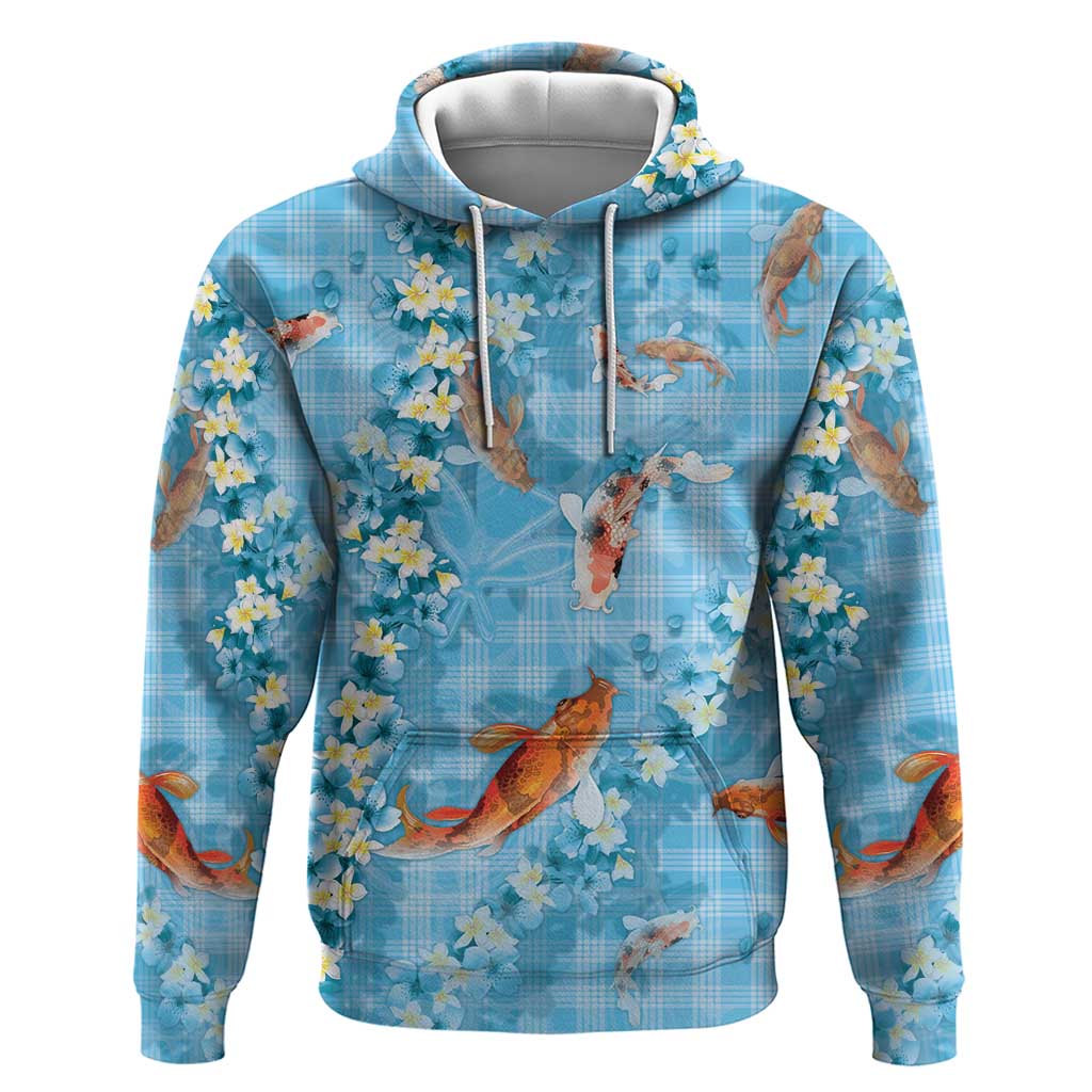 Blue Palaka Hawaiian And Japanese Zip Hoodie Sakura Lei With Koi Fish - Polynesian Pride