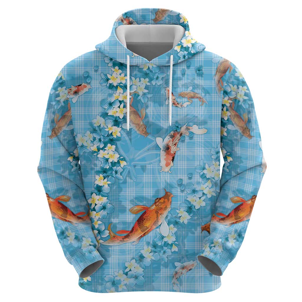 Blue Palaka Hawaiian And Japanese Zip Hoodie Sakura Lei With Koi Fish - Polynesian Pride