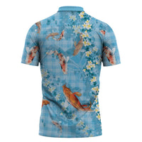 Blue Palaka Hawaiian And Japanese Zipper Polo Shirt Sakura Lei With Koi Fish - Polynesian Pride