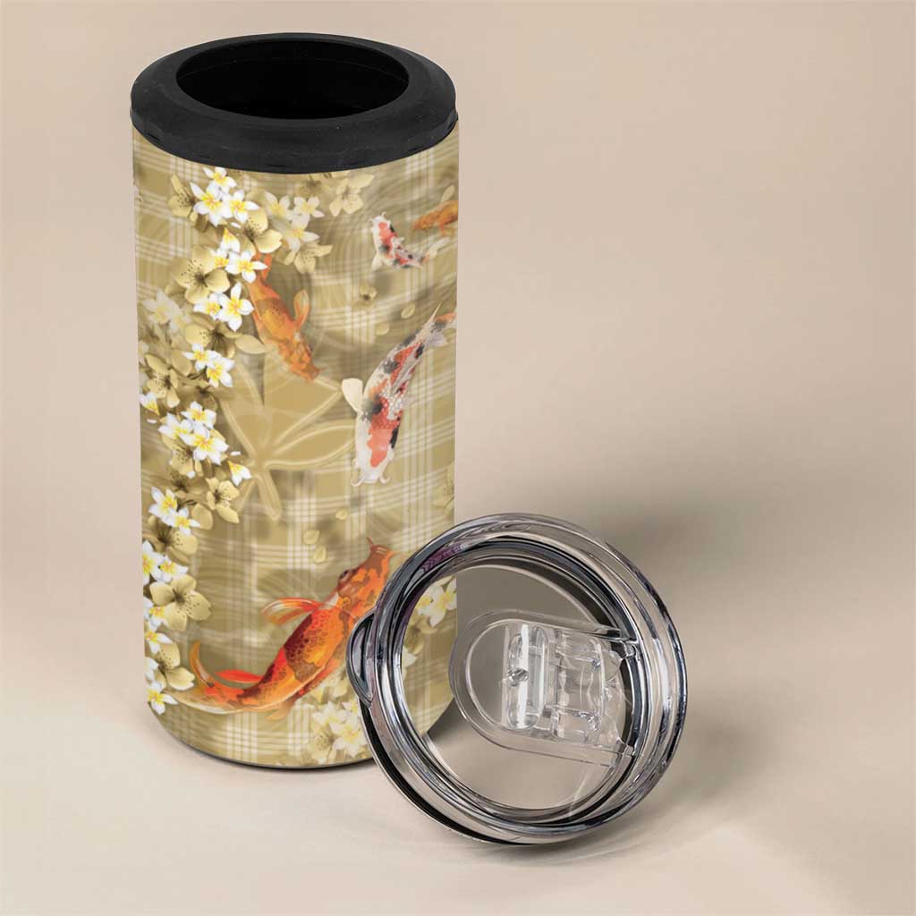 Beige Palaka Hawaiian And Japanese 4 in 1 Can Cooler Tumbler Sakura Lei With Koi Fish DT05 - Polynesian Pride