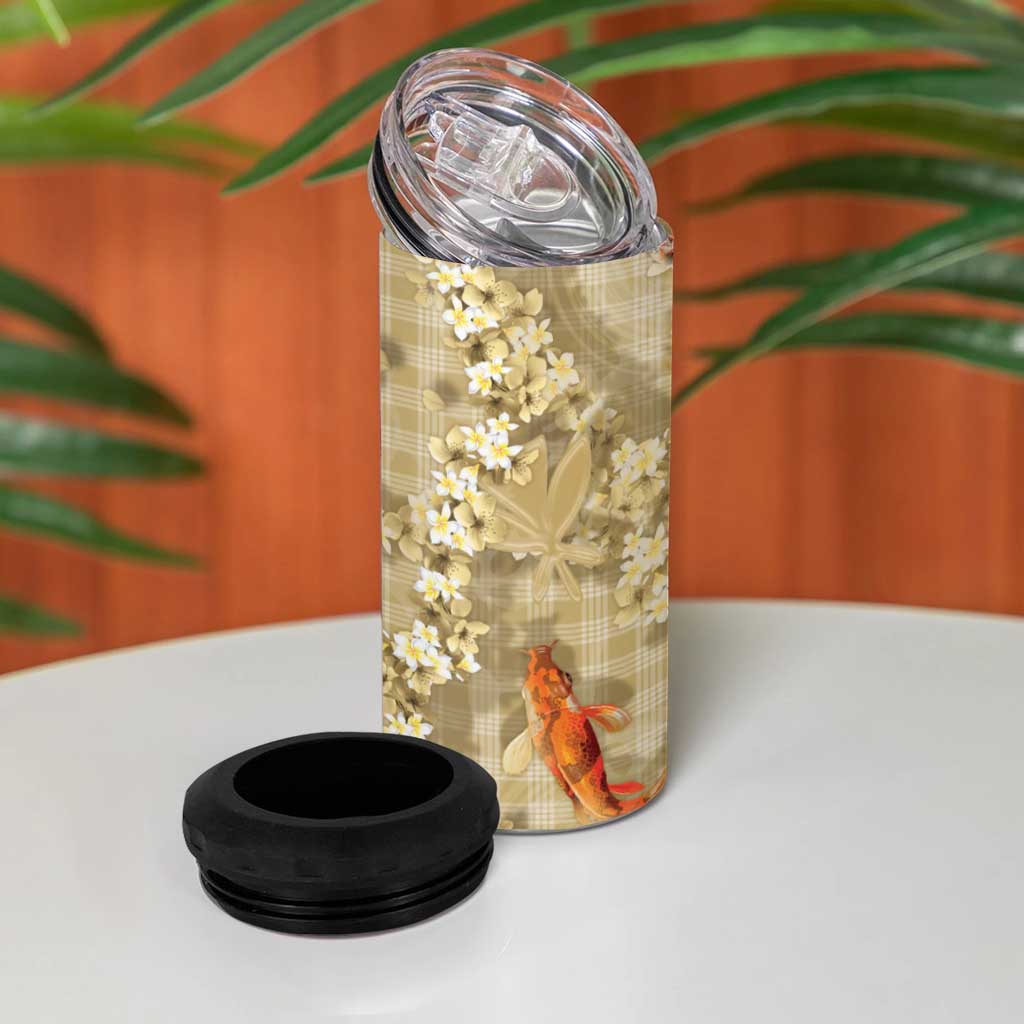 Beige Palaka Hawaiian And Japanese 4 in 1 Can Cooler Tumbler Sakura Lei With Koi Fish DT05 - Polynesian Pride