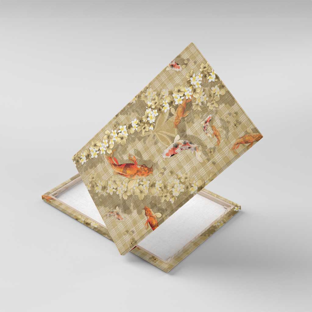 Beige Palaka Hawaiian And Japanese Canvas Wall Art Sakura Lei With Koi Fish - Polynesian Pride