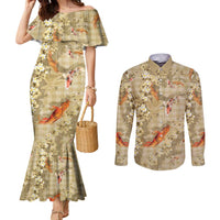 Beige Palaka Hawaiian And Japanese Couples Matching Mermaid Dress and Long Sleeve Button Shirt Sakura Lei With Koi Fish DT05 Beige - Polynesian Pride