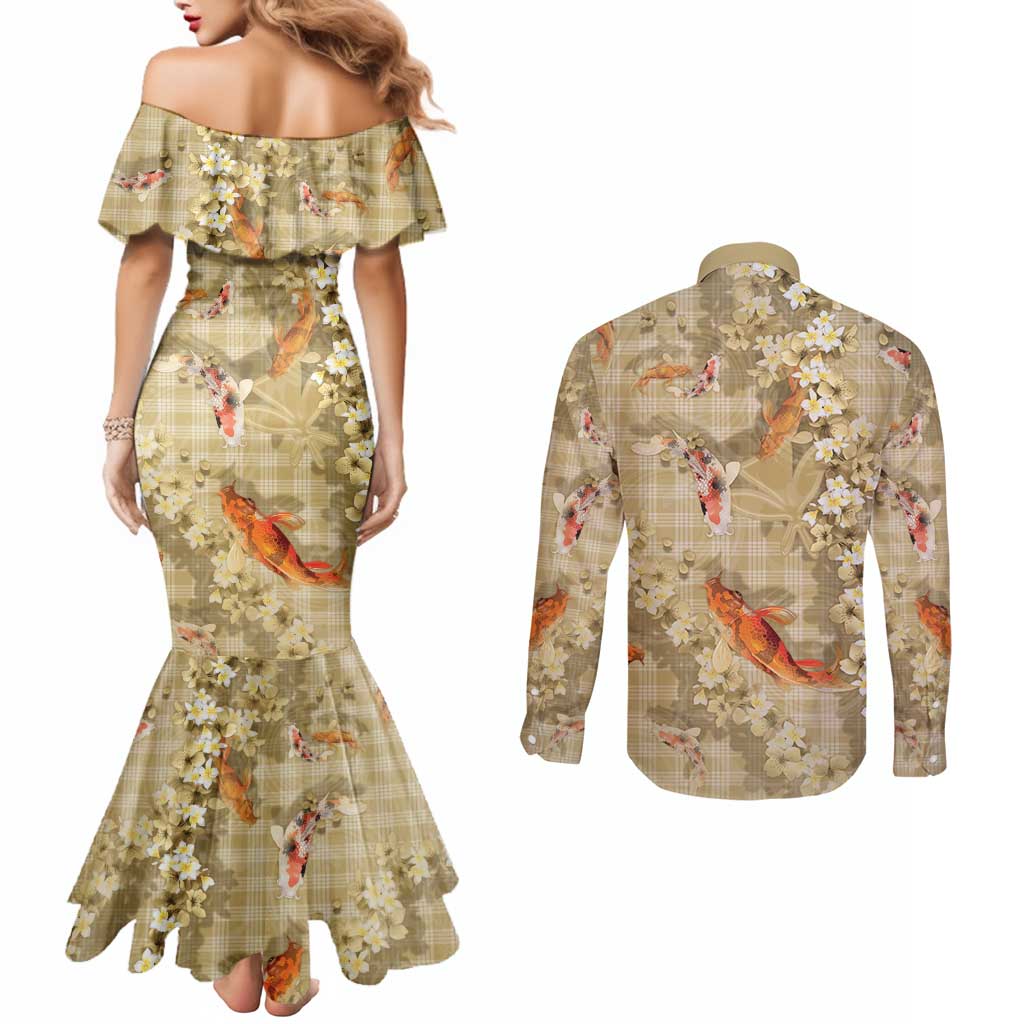 Beige Palaka Hawaiian And Japanese Couples Matching Mermaid Dress and Long Sleeve Button Shirt Sakura Lei With Koi Fish DT05 - Polynesian Pride